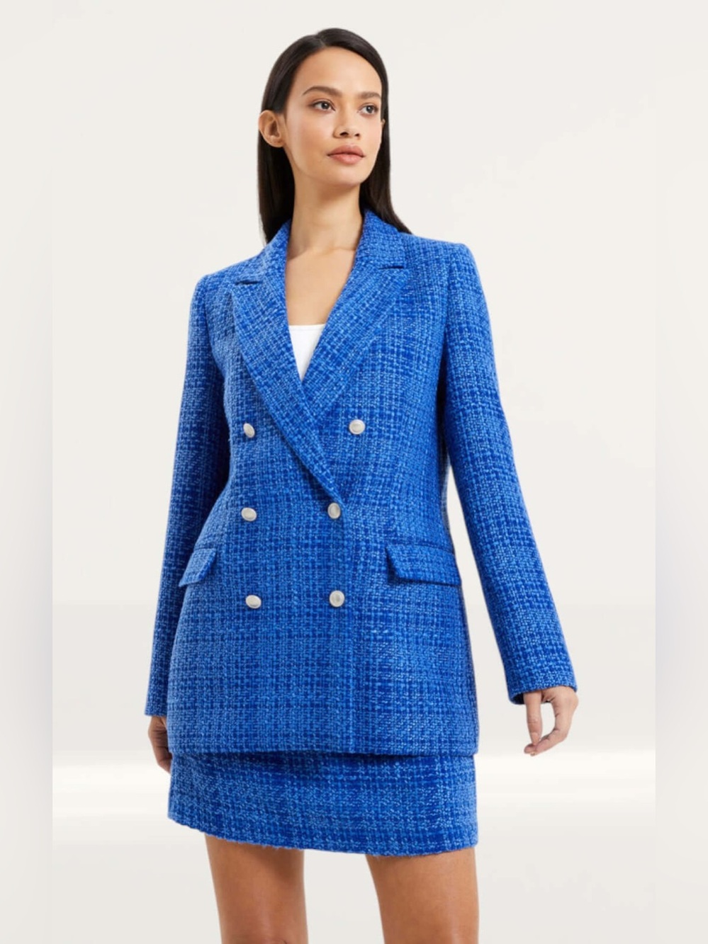 French Connection Tweed Double-Breasted Blazer and Mini Skirt Matching Set